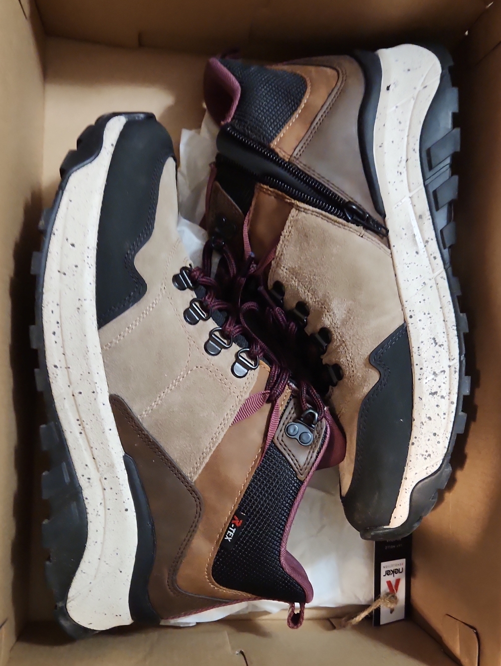Rieker Tan and Brown Side Zipper Hiking Boots with Burgundy Accents